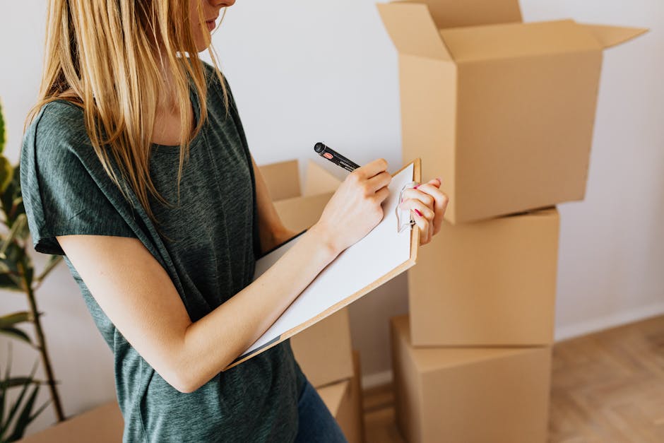 A woman with long blonde hair, wearing a dark green short-sleeved top, is inside a room surrounded by stacked cardboard moving boxes of various sizes. She is holding a brown clipboard with a white sheet of paper and writing with a black marker. The background features a white wall and a green potted plant. The boxes are positioned on the floor and some are on a small table or surface. This scene depicts the packing process involved in house removals and home relocation, emphasizing organization and preparation for a furniture transport or moving day. The lighting is bright and natural, highlighting the materials used in packing, such as cardboard and paper, and the stacking arrangement suggests an ongoing packing and moving process managed by a removals service like Man with Van Hatch End.
