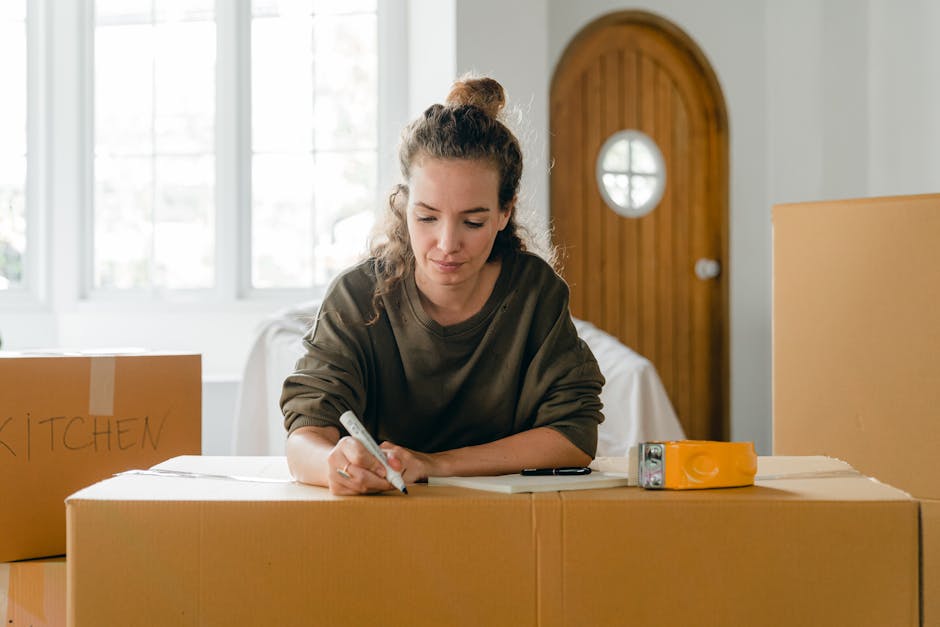 A woman with long blonde hair, wearing a dark green short-sleeved top, is inside a room surrounded by stacked cardboard moving boxes of various sizes. She is holding a brown clipboard with a white sheet of paper and writing with a black marker. The background features a white wall and a green potted plant. The boxes are positioned on the floor and some are on a small table or surface. This scene depicts the packing process involved in house removals and home relocation, emphasizing organization and preparation for a furniture transport or moving day. The lighting is bright and natural, highlighting the materials used in packing, such as cardboard and paper, and the stacking arrangement suggests an ongoing packing and moving process managed by a removals service like Man with Van Hatch End.